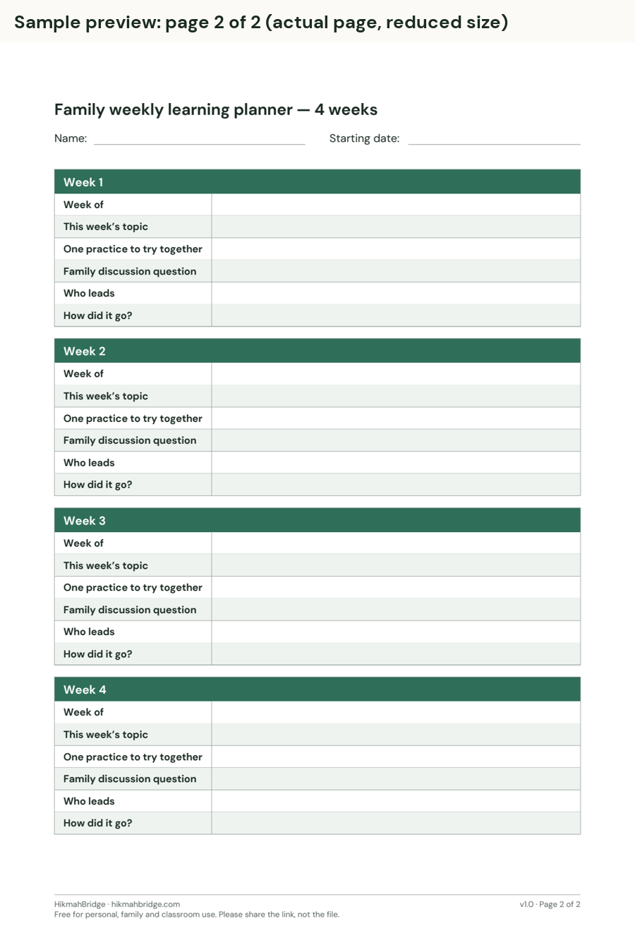 Preview of the four-week family planner page