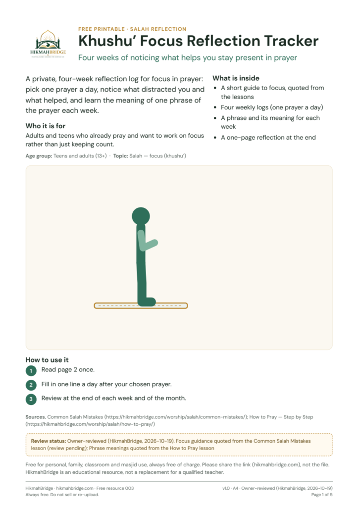 Khushu’ Focus Reflection Tracker – cover page of the free printable