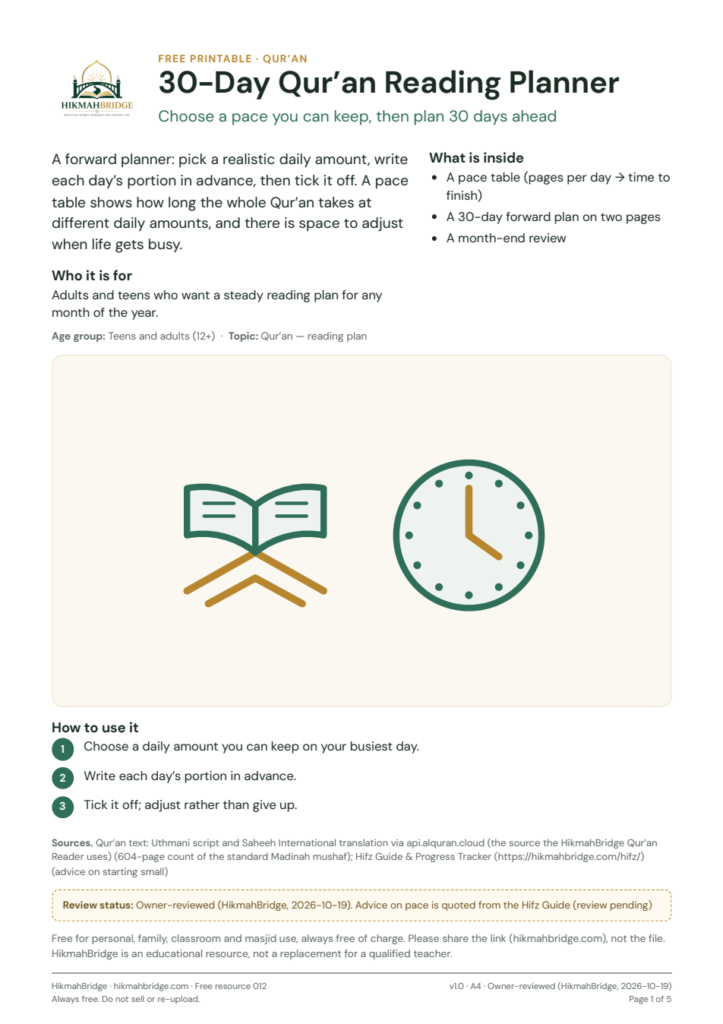 30-Day Qur’an Reading Planner – cover page of the free printable