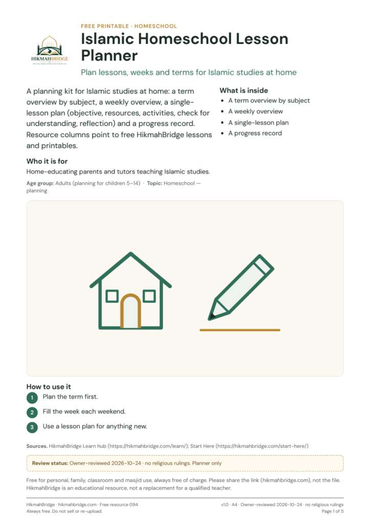 Islamic Homeschool Lesson Planner – cover page of the free printable
