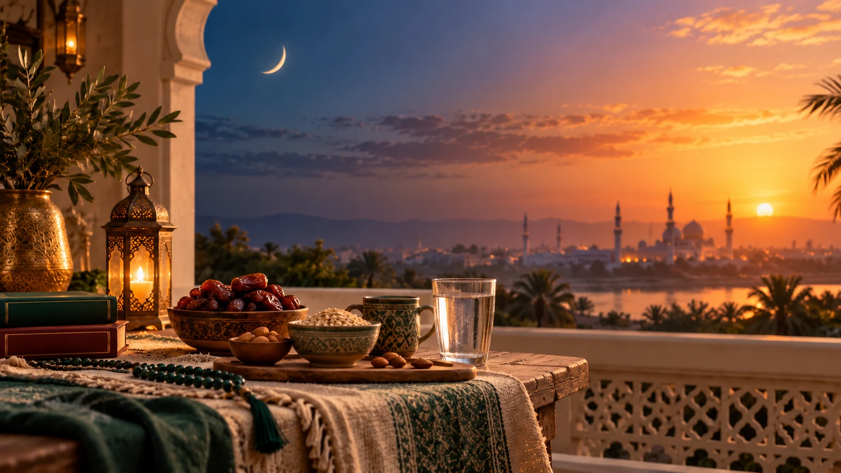 Fasting (Sawm) — Pre-dawn meal essentials and sunset light in one composed scene, educational rather than festive