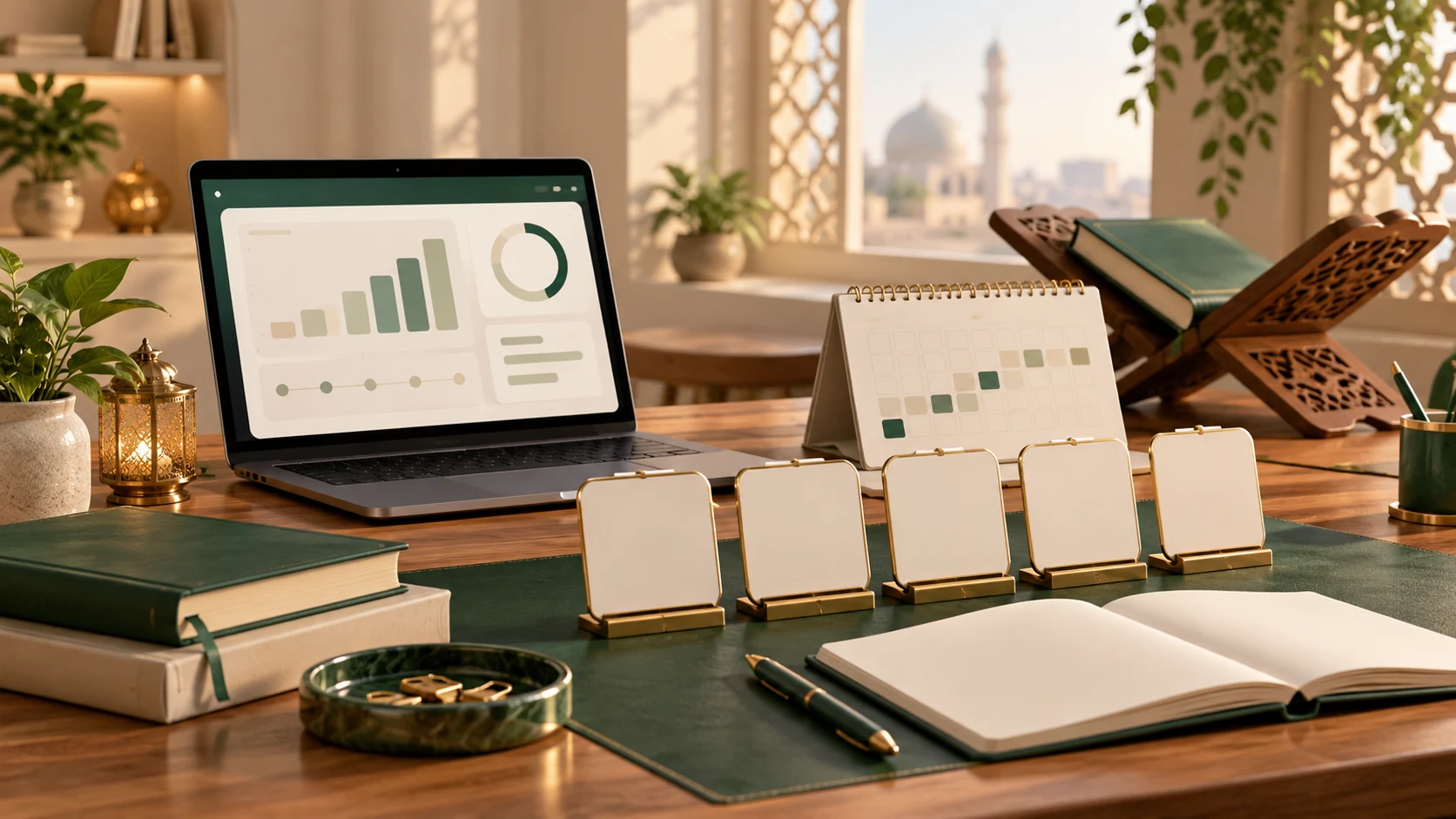 Hifz Progress Tracker — Progress-tracking desk with blank milestone cards, subtle calendar grid and Qur’an on a rehal in the background