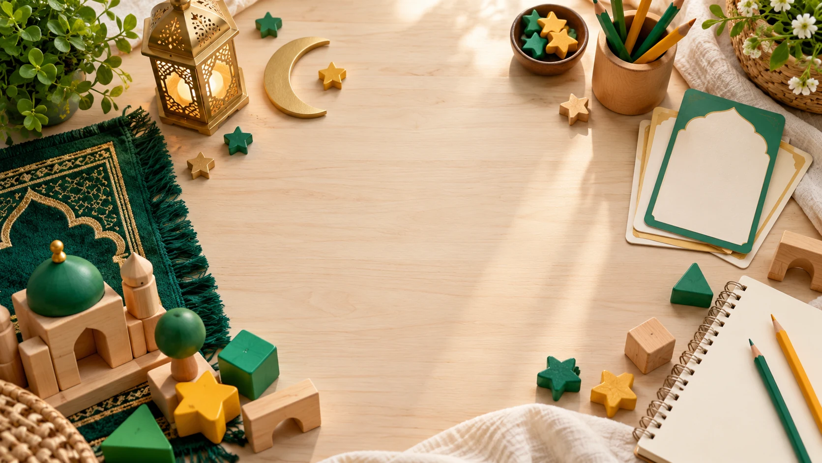 Kids Islamic Learning — Bright child-friendly learning table with colorful geometric shapes, story cards, pencils and crescent/star craft elements