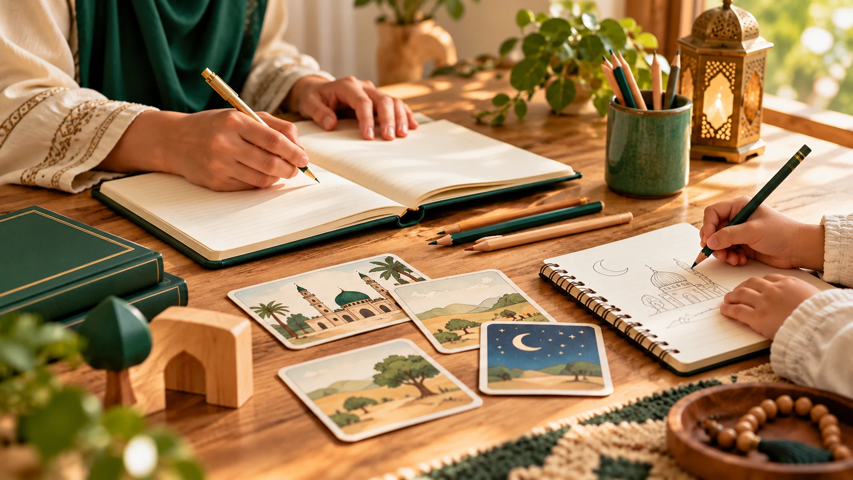 Parenting — Parent-child learning desk with adult and child-sized notebooks, pencils and story cards