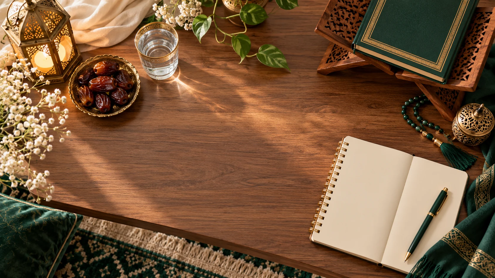 Ramadan Learning Hub — Ramadan planning desk with dates, water, blank planner, lantern and Qur’an stand, modern and practical