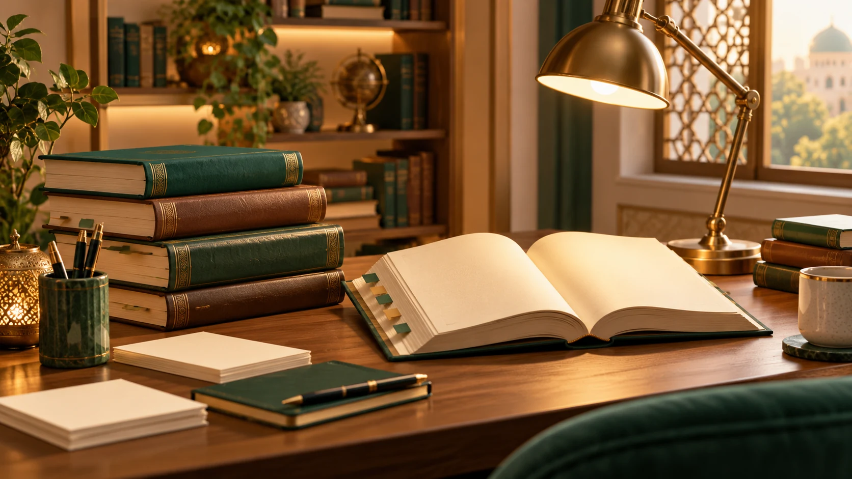 Tafsir Ibn Kathir — Classical commentary study scene with several reference volumes, page tabs and a focused reading lamp