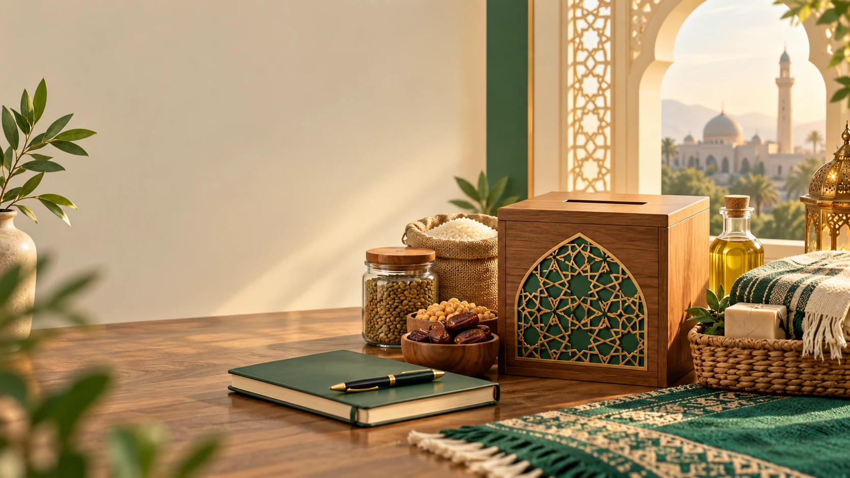Zakat — Ethical giving still life with charity box, budget notebook and household essentials, warm and trustworthy